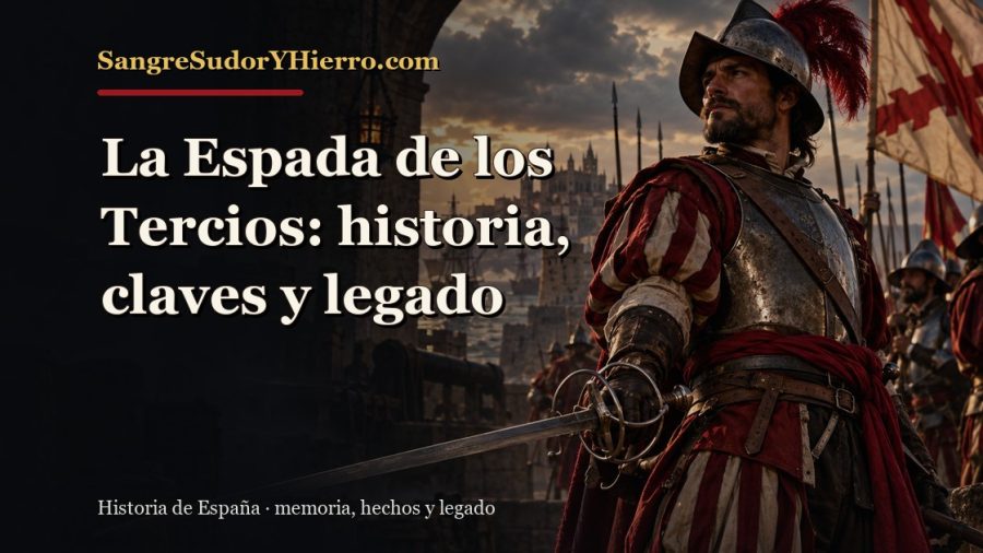 Ilustración histórica de La Espada de los Tercios con el título «La Espada de los Tercios: historia, claves y legado» y la marca SangreSudorYHierro.com