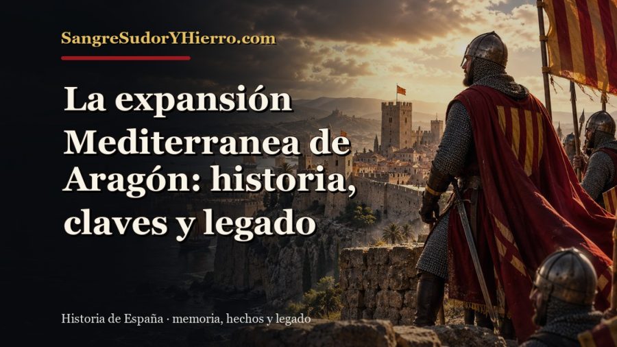 Ilustración histórica de La expansión Mediterranea de Aragón con el título «La expansión Mediterranea de Aragón: historia, claves y legado» y la marca SangreSudorYHierro.com