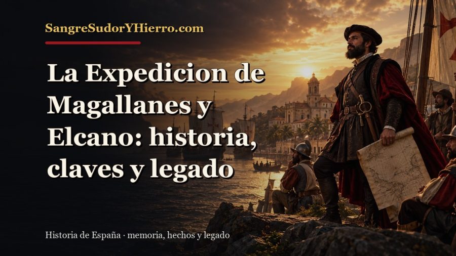 Ilustración histórica de La Expedicion de Magallanes y Elcano con el título «La Expedicion de Magallanes y Elcano: historia, claves y legado» y la marca SangreSudorYHierro.com