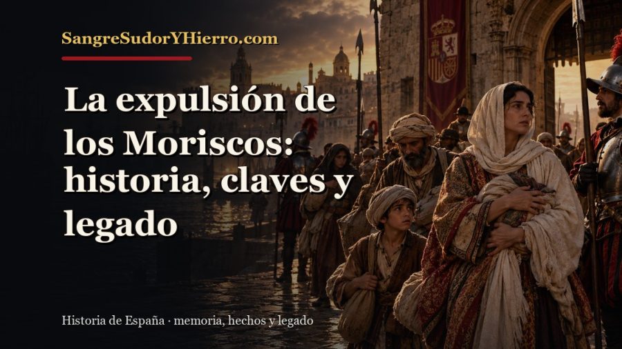 Ilustración histórica de La expulsión de los Moriscos con el título «La expulsión de los Moriscos: historia, claves y legado» y la marca SangreSudorYHierro.com
