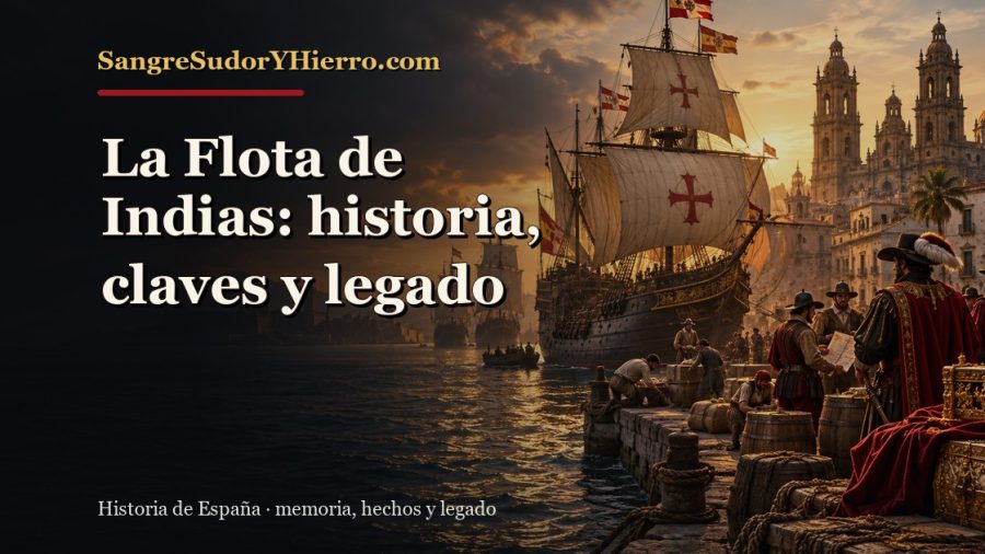 Ilustración histórica de La Flota de Indias con el título «La Flota de Indias: historia, claves y legado» y la marca SangreSudorYHierro.com