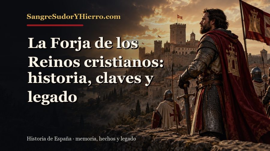 Ilustración histórica de La Forja de los Reinos cristianos con el título «La Forja de los Reinos cristianos: historia, claves y legado» y la marca SangreSudorYHierro.com