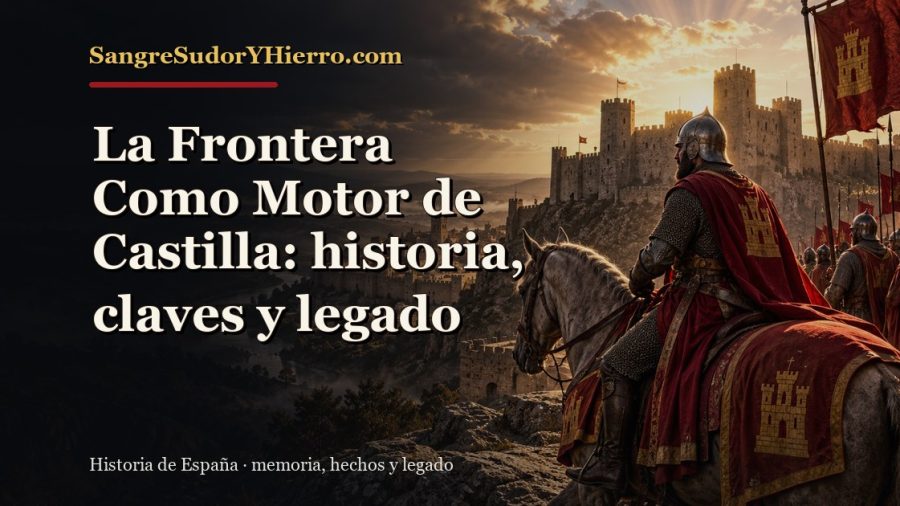 Ilustración histórica de La Frontera Como Motor de Castilla con el título «La Frontera Como Motor de Castilla: historia, claves y legado» y la marca SangreSudorYHierro.com