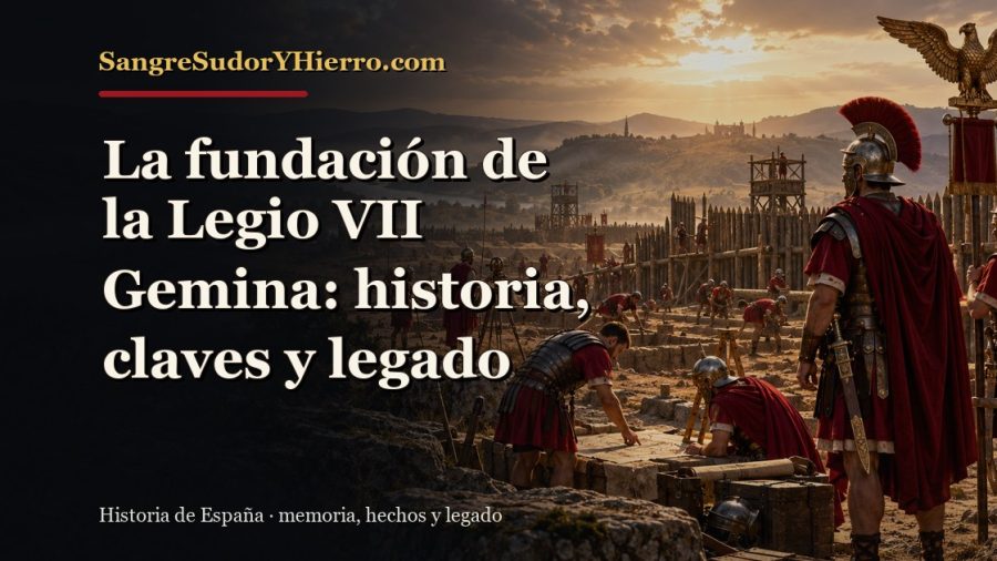 Ilustración histórica de La fundación de la Legio VII Gemina con el título «La fundación de la Legio VII Gemina: historia, claves y legado» y la marca SangreSudorYHierro.com