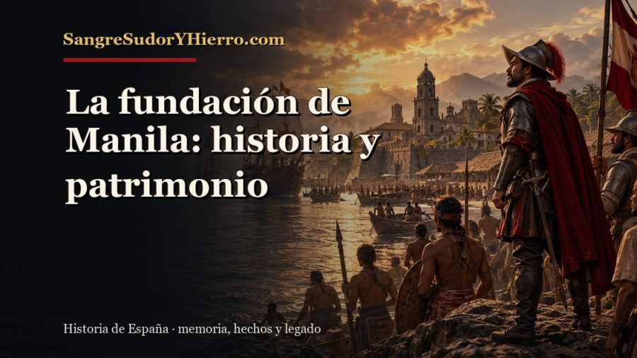 Ilustración histórica de La fundación de Manila con el título «La fundación de Manila: historia y patrimonio» y la marca SangreSudorYHierro.com