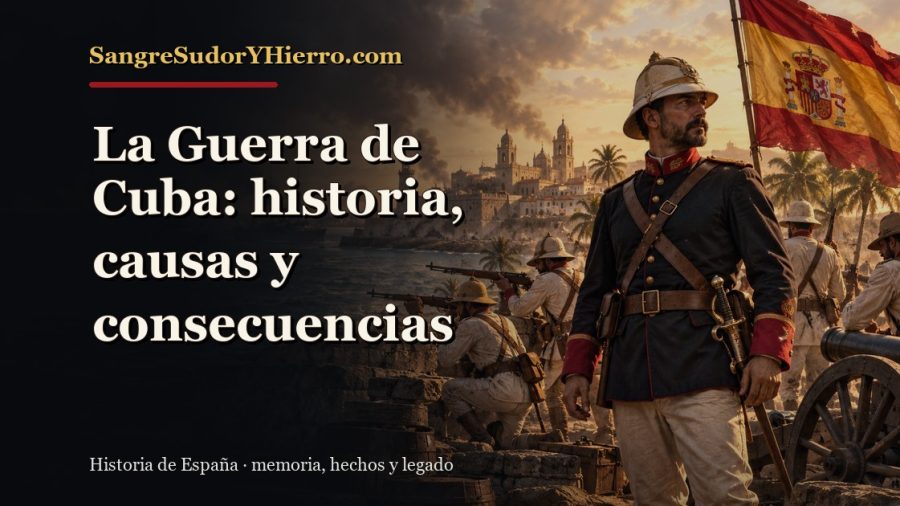 Ilustración histórica de La Guerra de Cuba con el título «La Guerra de Cuba: historia, causas y consecuencias» y la marca SangreSudorYHierro.com
