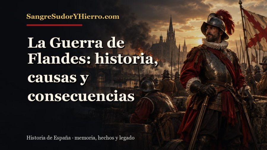 Ilustración histórica de La Guerra de Flandes con el título «La Guerra de Flandes: historia, causas y consecuencias» y la marca SangreSudorYHierro.com