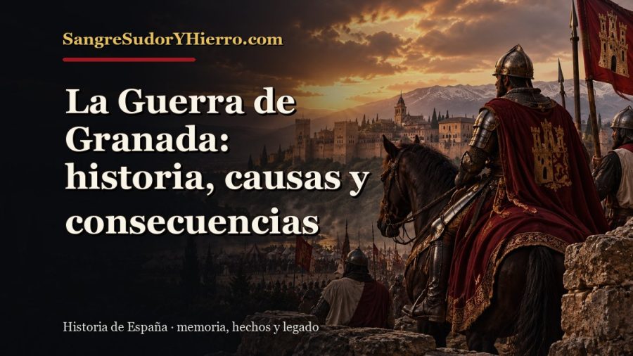 Ilustración histórica de La Guerra de Granada con el título «La Guerra de Granada: historia, causas y consecuencias» y la marca SangreSudorYHierro.com