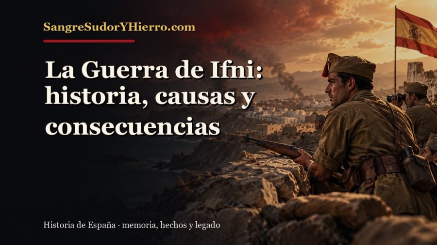 Ilustración histórica de La Guerra de Ifni con el título «La Guerra de Ifni: historia, causas y consecuencias» y la marca SangreSudorYHierro.com
