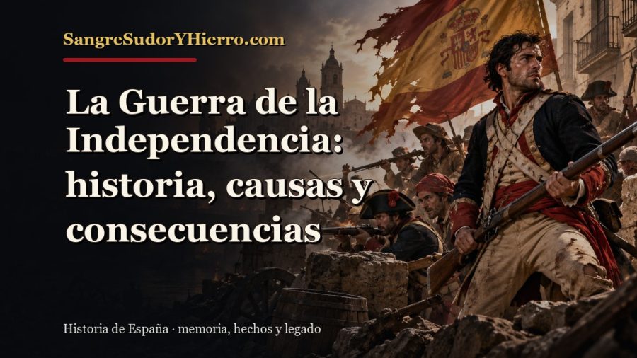 Ilustración histórica de La Guerra de la Independencia con el título «La Guerra de la Independencia: historia, causas y consecuencias» y la marca SangreSudorYHierro.com