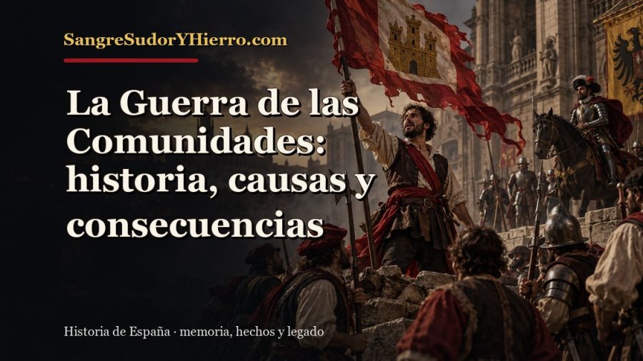 Ilustración histórica de La Guerra de las Comunidades con el título «La Guerra de las Comunidades: historia, causas y consecuencias» y la marca SangreSudorYHierro.com