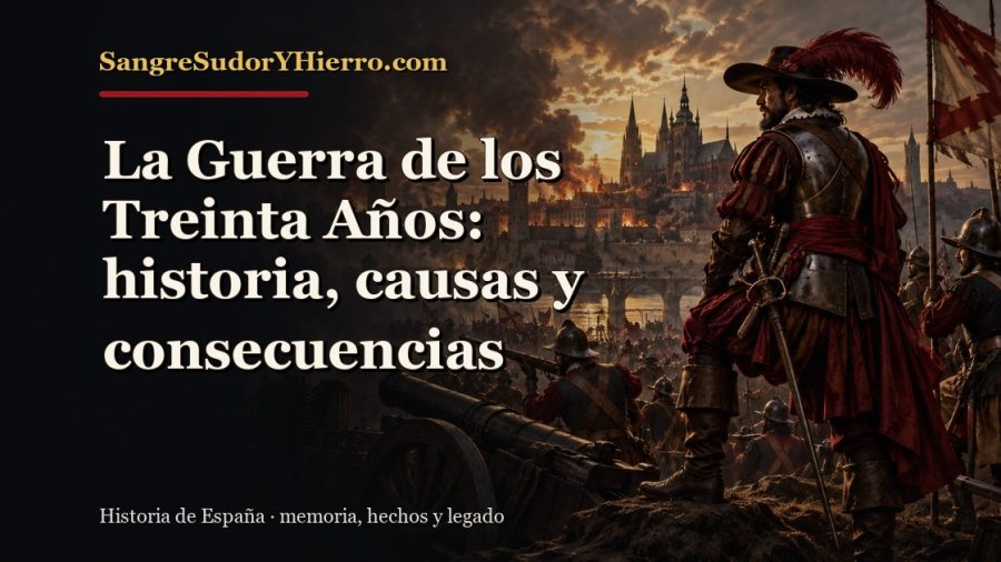 Ilustración histórica de La Guerra de los Treinta Años con el título «La Guerra de los Treinta Años: historia, causas y consecuencias» y la marca SangreSudorYHierro.com