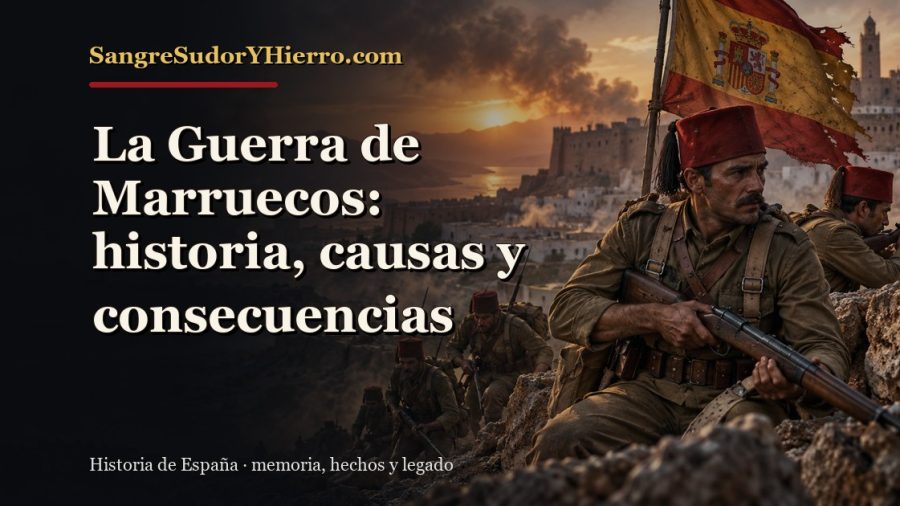 Ilustración histórica de La Guerra de Marruecos con el título «La Guerra de Marruecos: historia, causas y consecuencias» y la marca SangreSudorYHierro.com