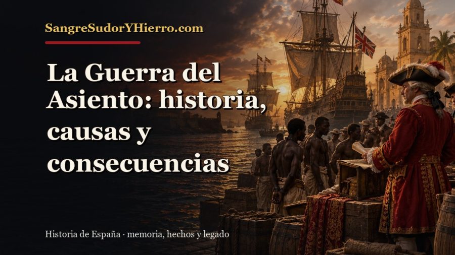 Ilustración histórica de La Guerra del Asiento con el título «La Guerra del Asiento: historia, causas y consecuencias» y la marca SangreSudorYHierro.com