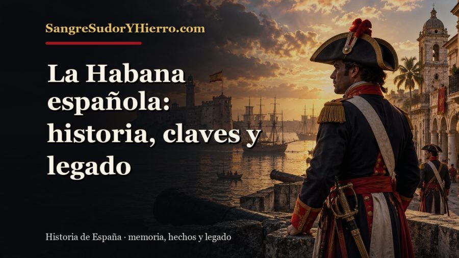 Ilustración histórica de La Habana española con el título «La Habana española: historia, claves y legado» y la marca SangreSudorYHierro.com