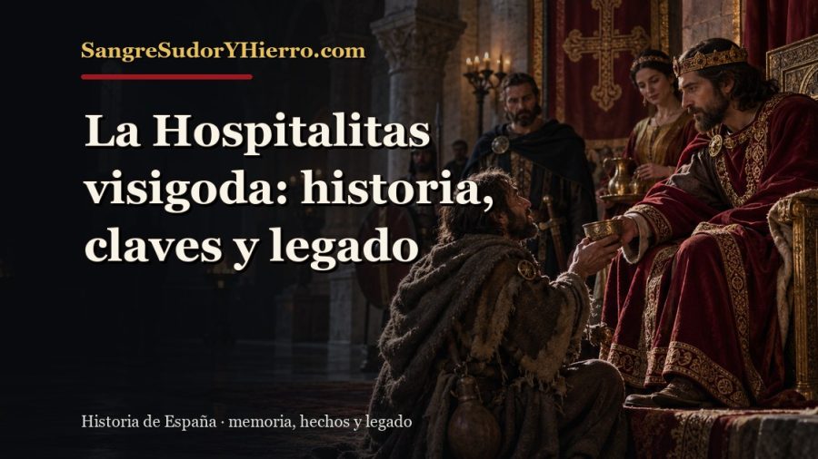 Ilustración histórica de La Hospitalitas visigoda con el título «La Hospitalitas visigoda: historia, claves y legado» y la marca SangreSudorYHierro.com