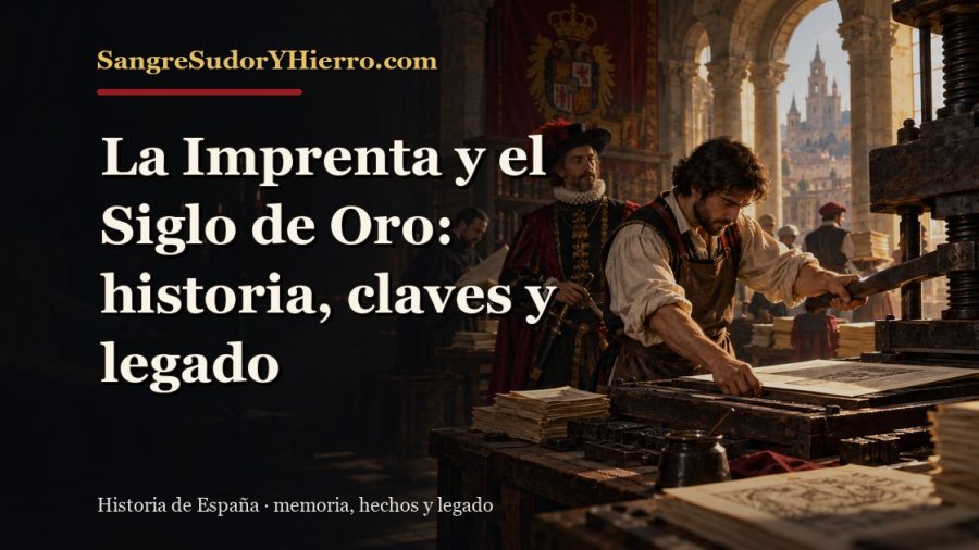 Ilustración histórica de La Imprenta y el Siglo de Oro con el título «La Imprenta y el Siglo de Oro: historia, claves y legado» y la marca SangreSudorYHierro.com