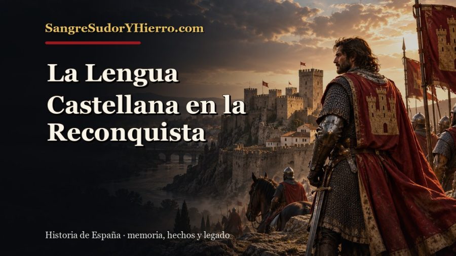 Ilustración histórica de La Lengua Castellana en la Reconquista con el título «La Lengua Castellana en la Reconquista» y la marca SangreSudorYHierro.com