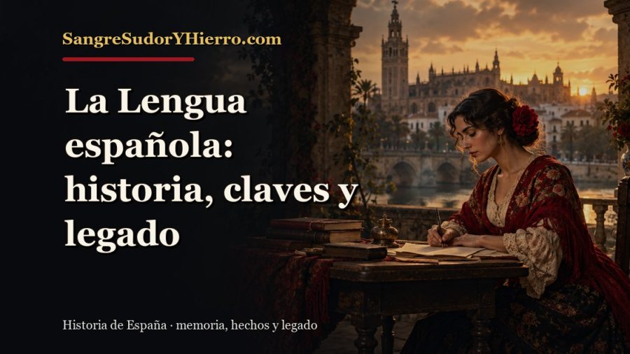 Ilustración histórica de La Lengua española con el título «La Lengua española: historia, claves y legado» y la marca SangreSudorYHierro.com