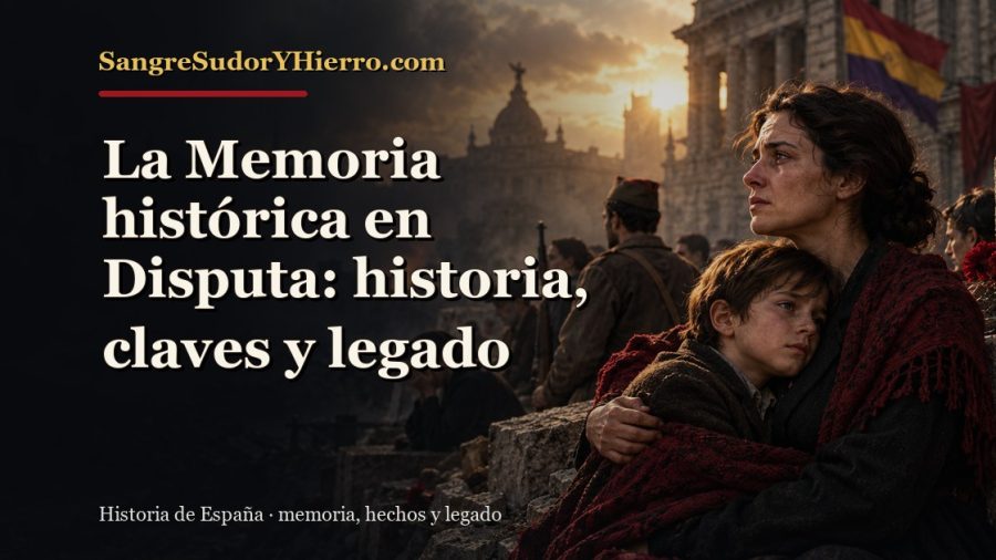 Ilustración histórica de La Memoria histórica en Disputa con el título «La Memoria histórica en Disputa: historia, claves y legado» y la marca SangreSudorYHierro.com