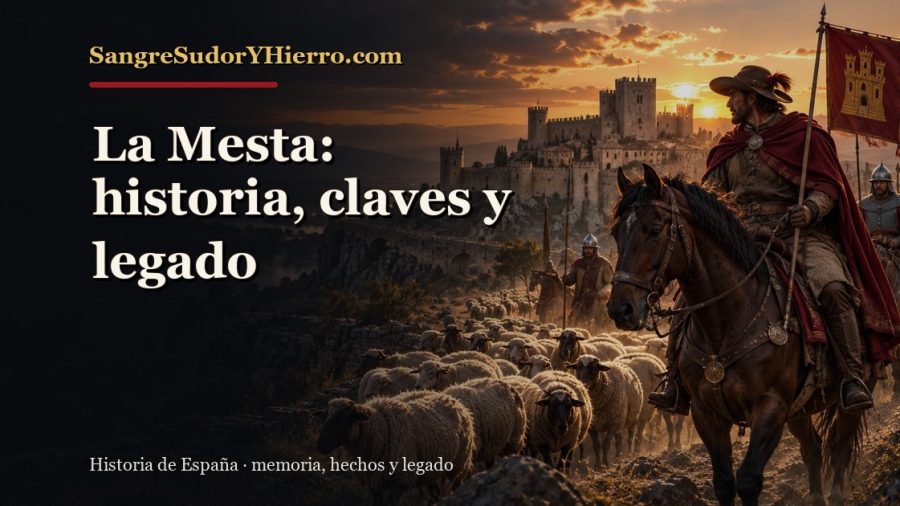 Ilustración histórica de La Mesta con el título «La Mesta: historia, claves y legado» y la marca SangreSudorYHierro.com