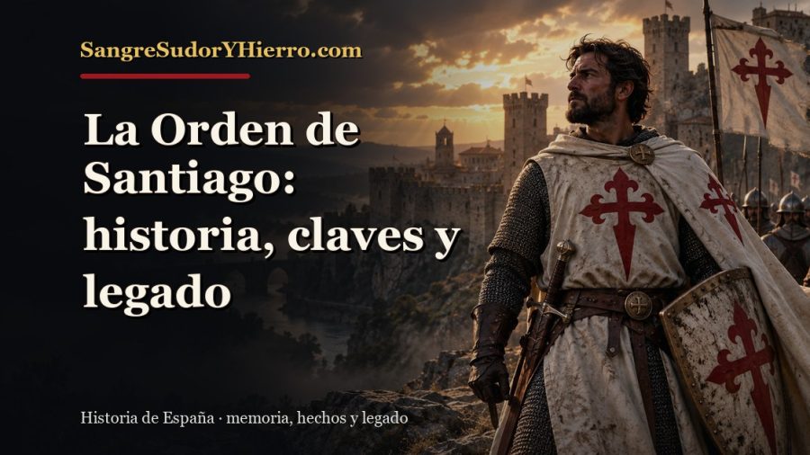 Ilustración histórica de La Orden de Santiago con el título «La Orden de Santiago: historia, claves y legado» y la marca SangreSudorYHierro.com