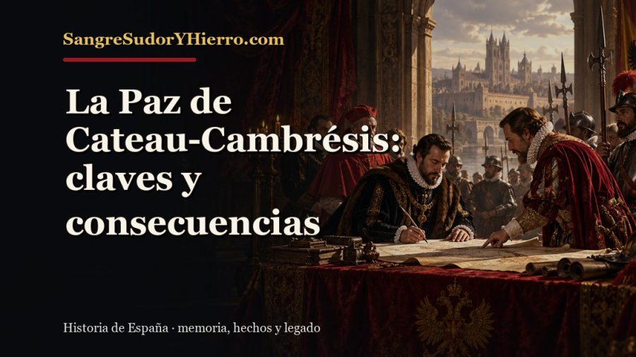 Ilustración histórica de La Paz de Cateau-Cambrésis con el título «La Paz de Cateau-Cambrésis: claves y consecuencias» y la marca SangreSudorYHierro.com