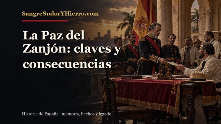 Ilustración histórica de La Paz del Zanjón con el título «La Paz del Zanjón: claves y consecuencias» y la marca SangreSudorYHierro.com