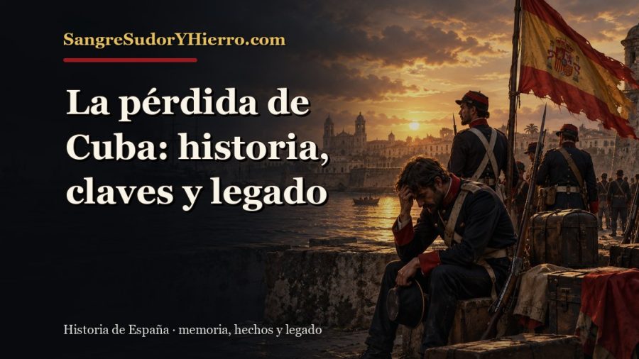 Ilustración histórica de La pérdida de Cuba con el título «La pérdida de Cuba: historia, claves y legado» y la marca SangreSudorYHierro.com