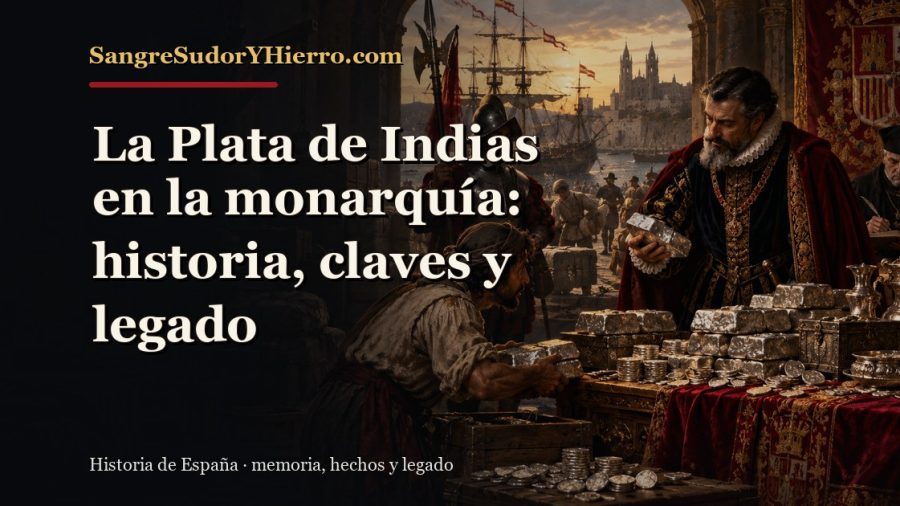 Ilustración histórica de La Plata de Indias en la monarquía con el título «La Plata de Indias en la monarquía: historia, claves y legado» y la marca SangreSudorYHierro.com