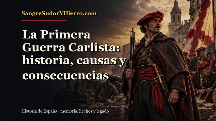 Ilustración histórica de La Primera Guerra Carlista con el título «La Primera Guerra Carlista: historia, causas y consecuencias» y la marca SangreSudorYHierro.com