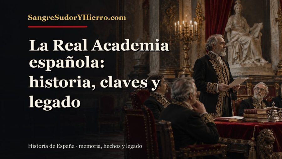 Ilustración histórica de La Real Academia española con el título «La Real Academia española: historia, claves y legado» y la marca SangreSudorYHierro.com