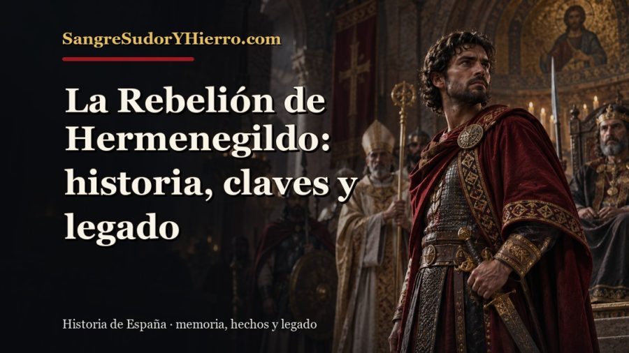 Ilustración histórica de La Rebelión de Hermenegildo con el título «La Rebelión de Hermenegildo: historia, claves y legado» y la marca SangreSudorYHierro.com