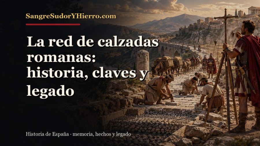 Ilustración histórica de La red de calzadas romanas con el título «La red de calzadas romanas: historia, claves y legado» y la marca SangreSudorYHierro.com