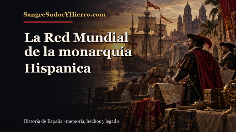 Ilustración histórica de La Red Mundial de la monarquía Hispanica con el título «La Red Mundial de la monarquía Hispanica» y la marca SangreSudorYHierro.com