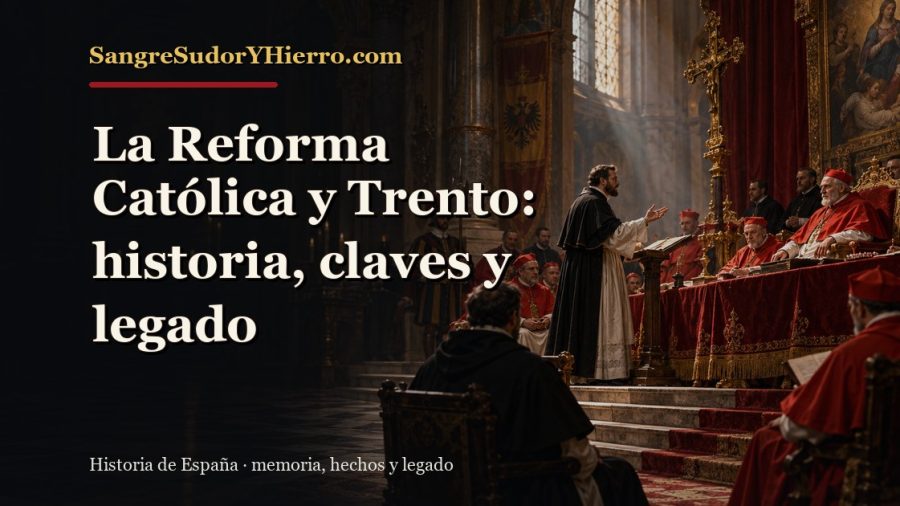 Ilustración histórica de La Reforma Católica y Trento con el título «La Reforma Católica y Trento: historia, claves y legado» y la marca SangreSudorYHierro.com