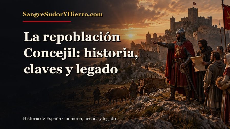 Ilustración histórica de La repoblación Concejil con el título «La repoblación Concejil: historia, claves y legado» y la marca SangreSudorYHierro.com