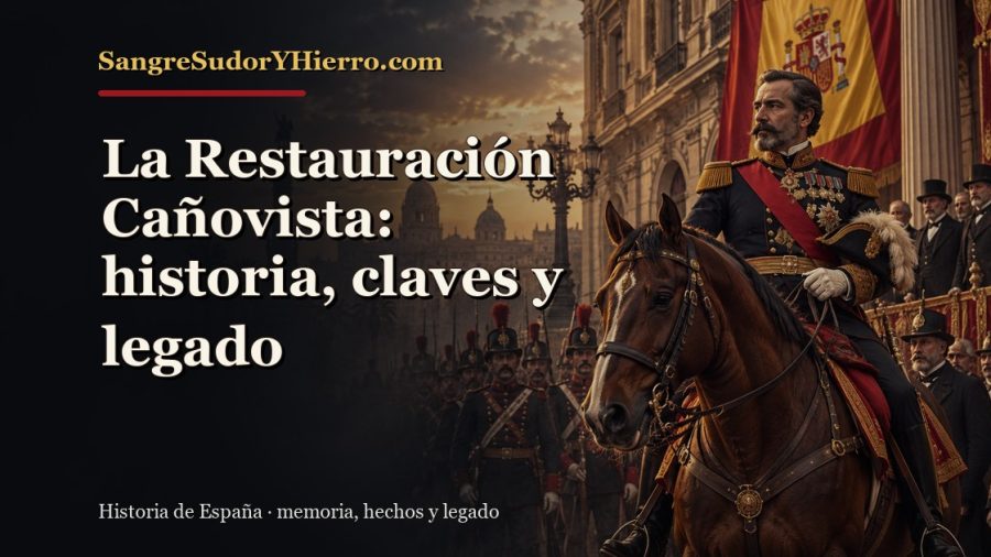 Ilustración histórica de La Restauración Cañovista con el título «La Restauración Cañovista: historia, claves y legado» y la marca SangreSudorYHierro.com