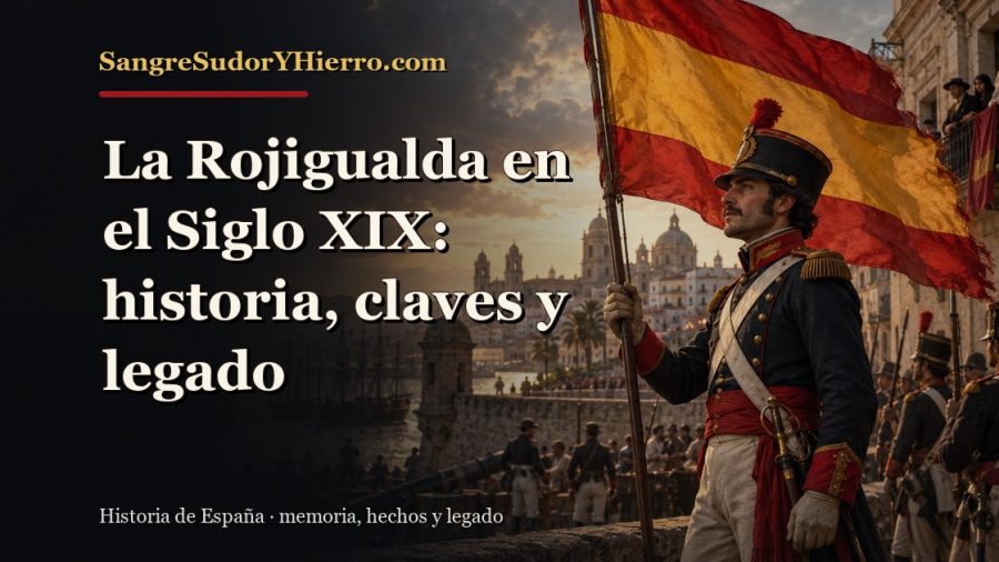 Ilustración histórica de La Rojigualda en el Siglo XIX con el título «La Rojigualda en el Siglo XIX: historia, claves y legado» y la marca SangreSudorYHierro.com