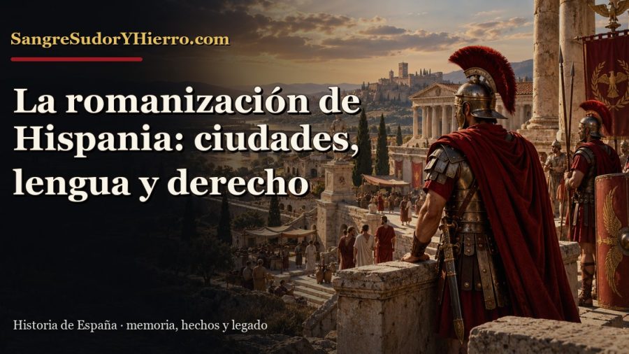 Ilustración histórica de La romanización de Hispania con el título «La romanización de Hispania: ciudades, lengua y derecho» y la marca SangreSudorYHierro.com
