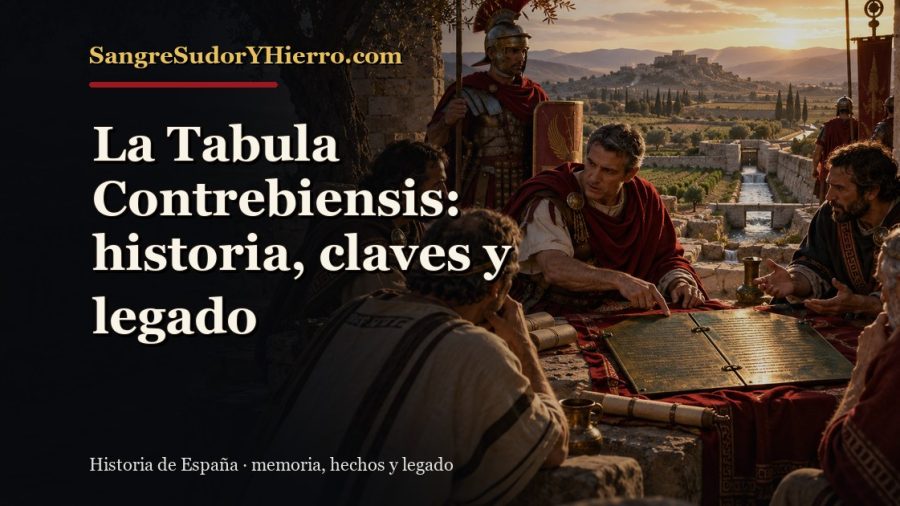 Ilustración histórica de La Tabula Contrebiensis con el título «La Tabula Contrebiensis: historia, claves y legado» y la marca SangreSudorYHierro.com