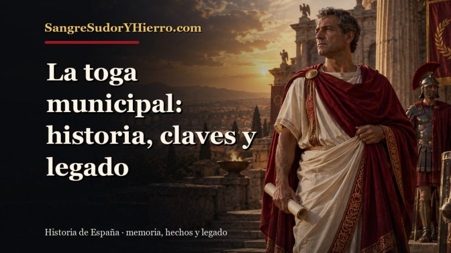 Ilustración histórica de La toga municipal con el título «La toga municipal: historia, claves y legado» y la marca SangreSudorYHierro.com