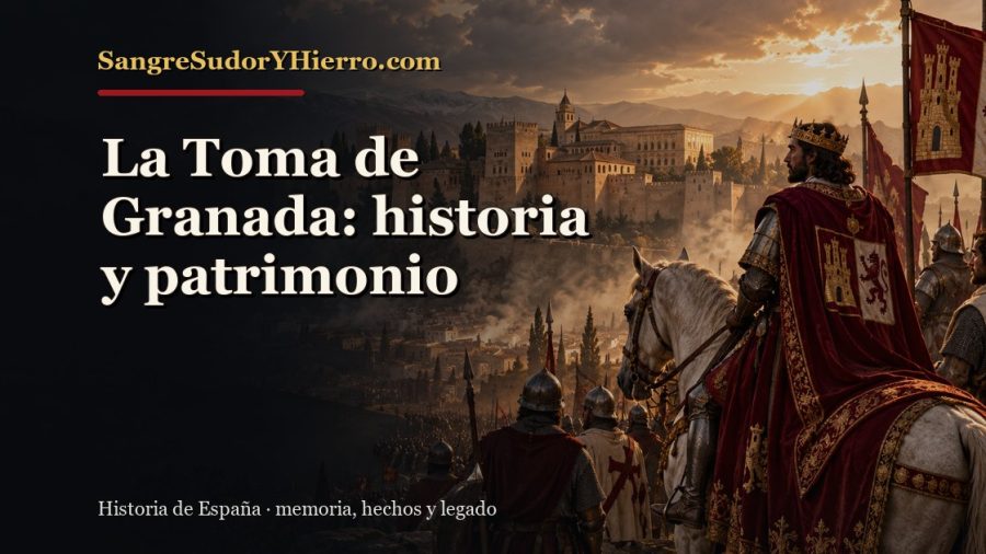 Ilustración histórica de La Toma de Granada con el título «La Toma de Granada: historia y patrimonio» y la marca SangreSudorYHierro.com