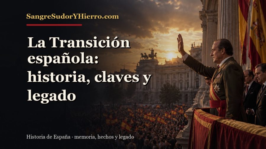 Ilustración histórica de La Transición española con el título «La Transición española: historia, claves y legado» y la marca SangreSudorYHierro.com