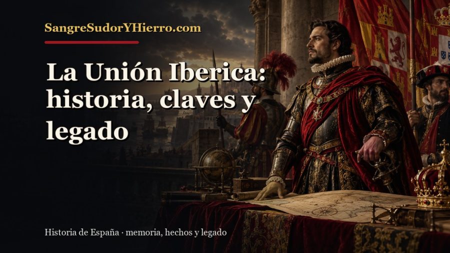 Ilustración histórica de La Unión Iberica con el título «La Unión Iberica: historia, claves y legado» y la marca SangreSudorYHierro.com