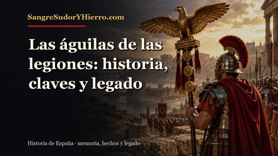 Ilustración histórica de Las águilas de las legiones con el título «Las águilas de las legiones: historia, claves y legado» y la marca SangreSudorYHierro.com