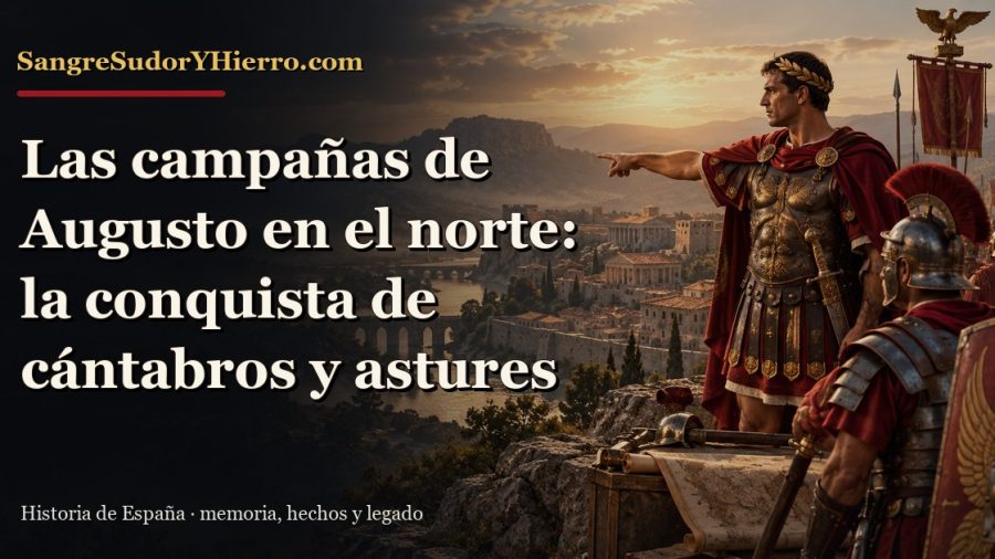 Ilustración histórica de Las campañas de Augusto en el norte con el título «Las campañas de Augusto en el norte: la conquista de cántabros y astures» y la marca SangreSudorYHierro.com