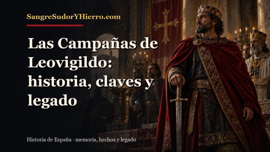 Ilustración histórica de Las Campañas de Leovigildo con el título «Las Campañas de Leovigildo: historia, claves y legado» y la marca SangreSudorYHierro.com