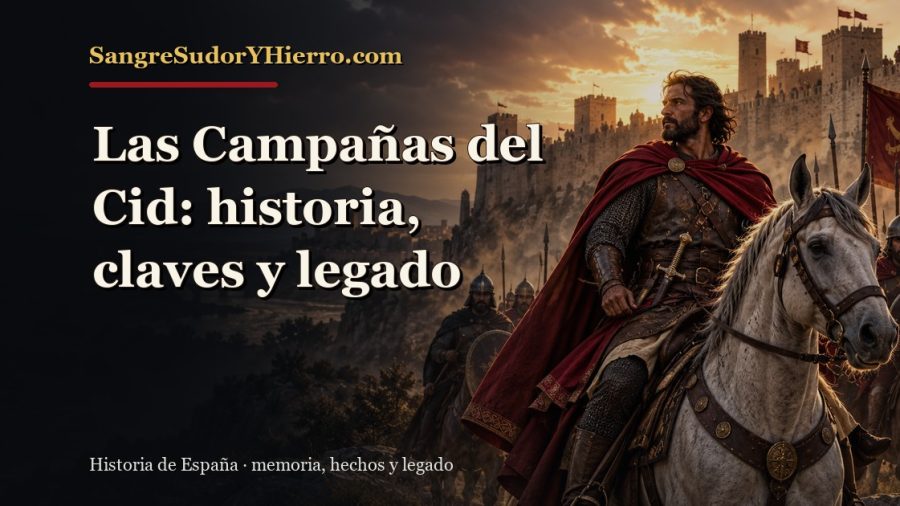 Ilustración histórica de Las Campañas del Cid con el título «Las Campañas del Cid: historia, claves y legado» y la marca SangreSudorYHierro.com