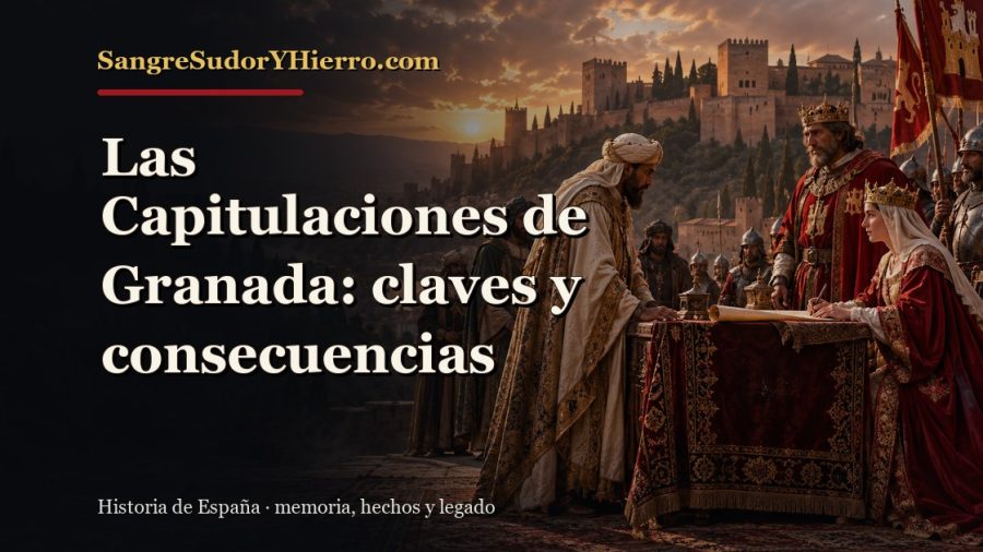 Ilustración histórica de Las Capitulaciones de Granada con el título «Las Capitulaciones de Granada: claves y consecuencias» y la marca SangreSudorYHierro.com
